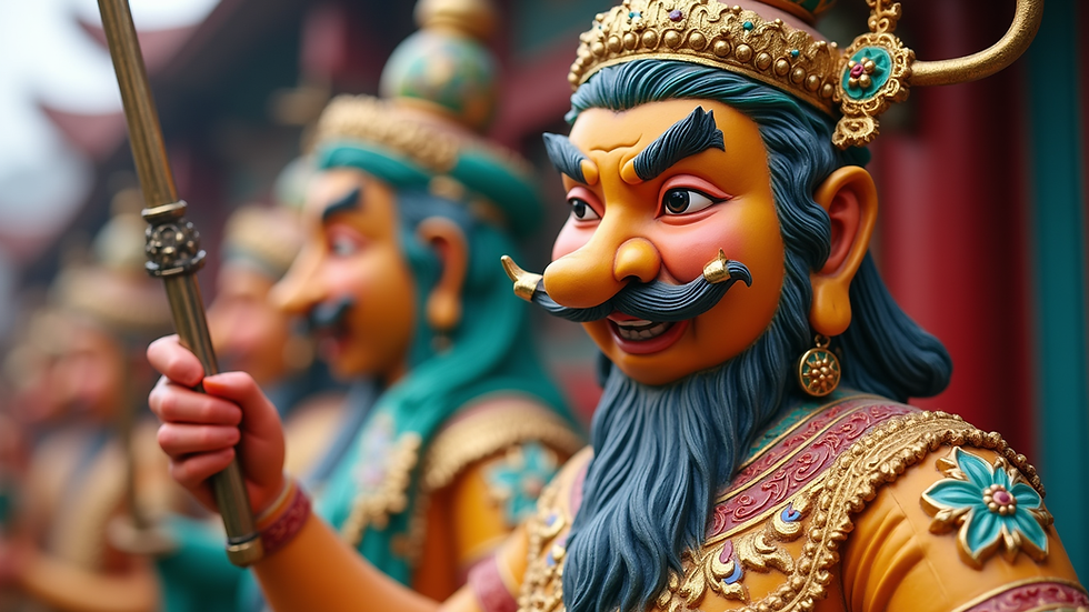 Close-up view of a colorful statue of Ne Zha holding his weapons