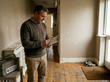 Landlord reviewing property checklist in hallway