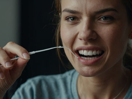 close up of a woman flossing her teeth