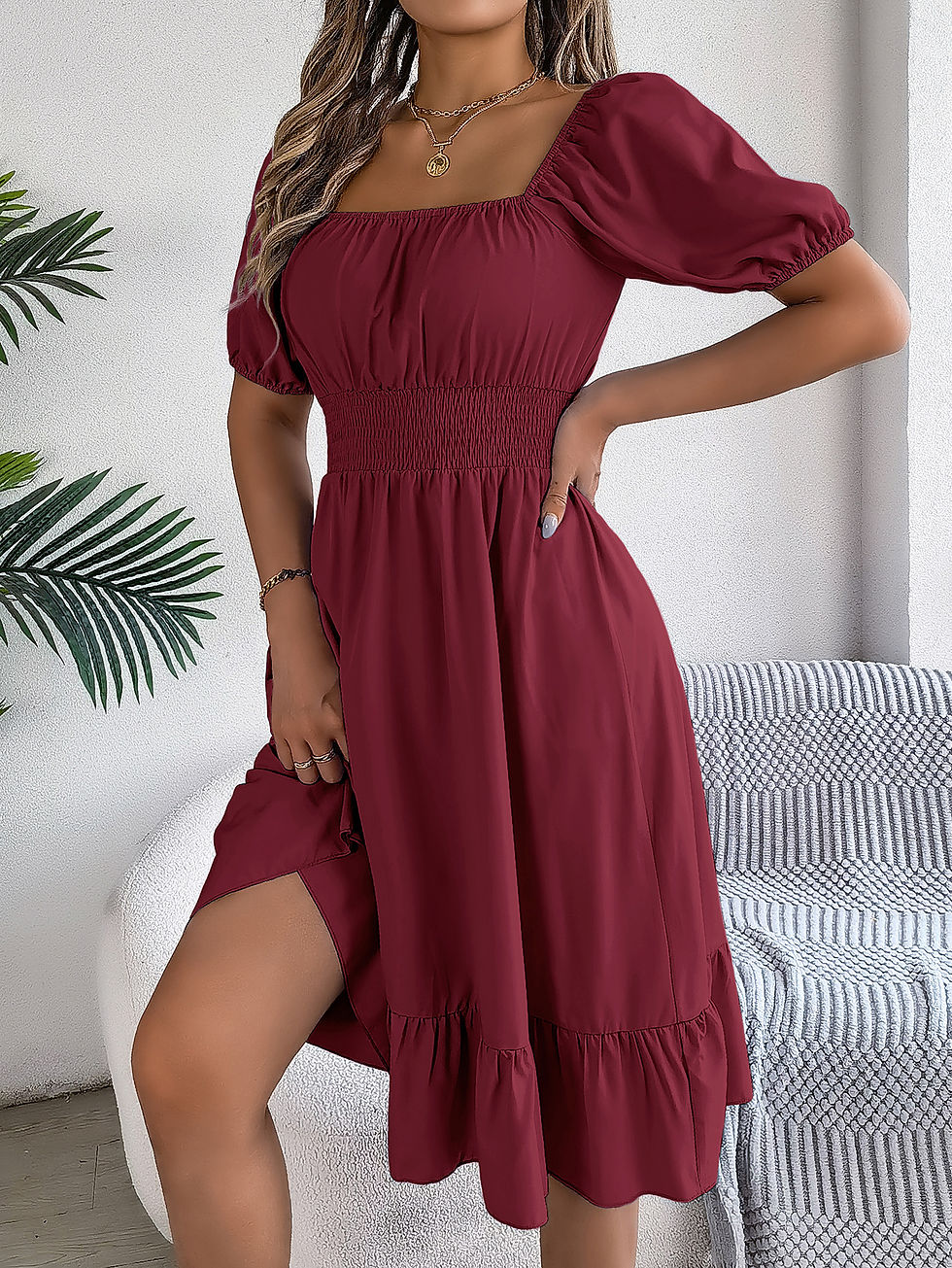 Thumbnail: Spring Summer Elegant High Waisted Dress Square Neck Short Sleeved Ruffled Edge 