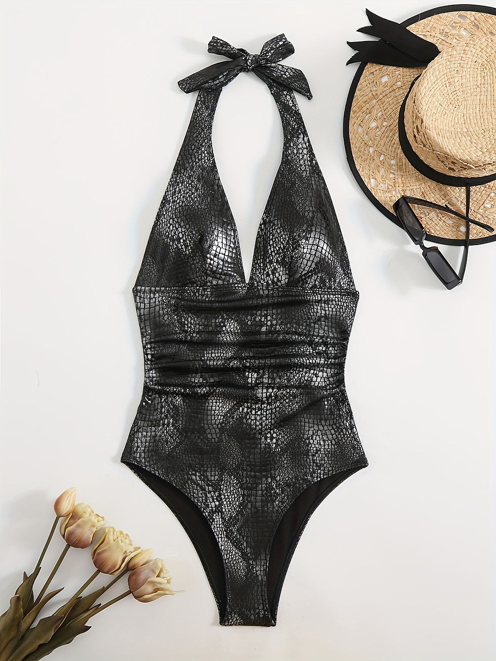 Thumbnail: Sexy Snakeskin One-Piece Swimsuit V-Neck Belted Tight Backless Bodycon Swimwear 