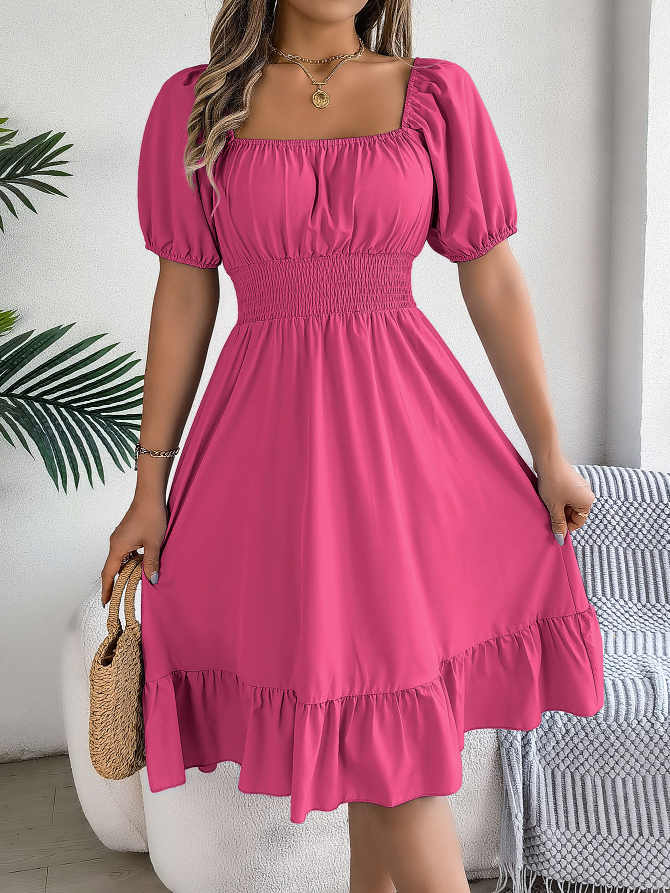 Spring Summer Elegant High Waisted Dress Square Neck Short Sleeved Ruffled Edge