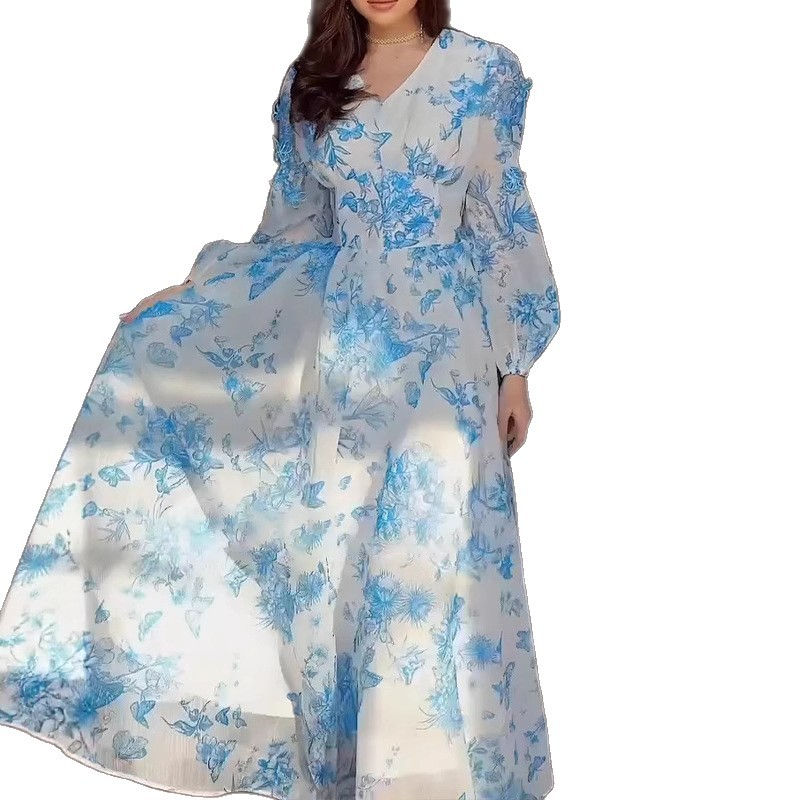 Thumbnail: 2025 New Women Blue White Floral Print V-neck Long-sleeved Slim-fitting Long-pen