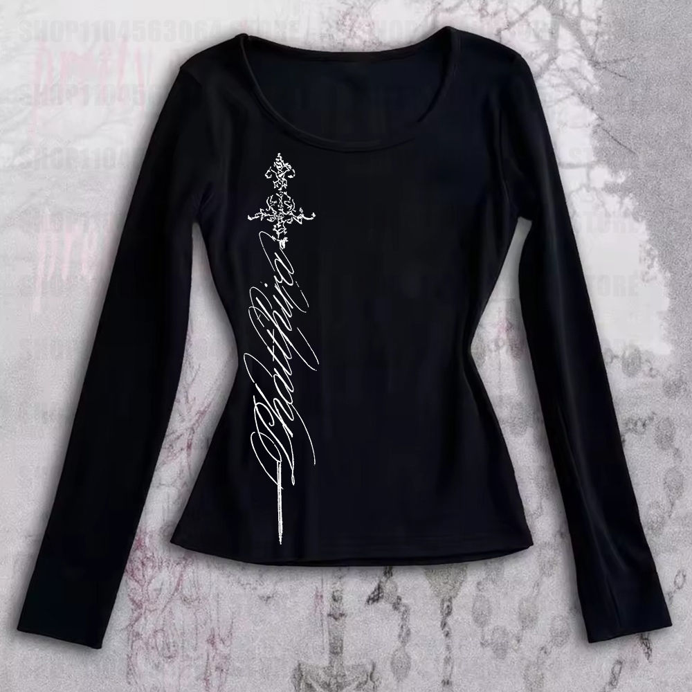 Y2k Emo Women Fashion Vintage Streetwear Graphic Print T-shirt Tee Tops Long Sle