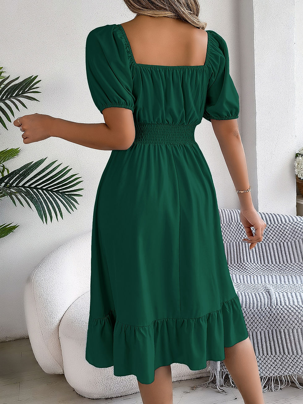 Thumbnail: Spring Summer Elegant High Waisted Dress Square Neck Short Sleeved Ruffled Edge 