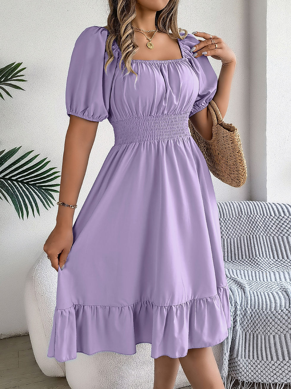 Thumbnail: Spring Summer Elegant High Waisted Dress Square Neck Short Sleeved Ruffled Edge 