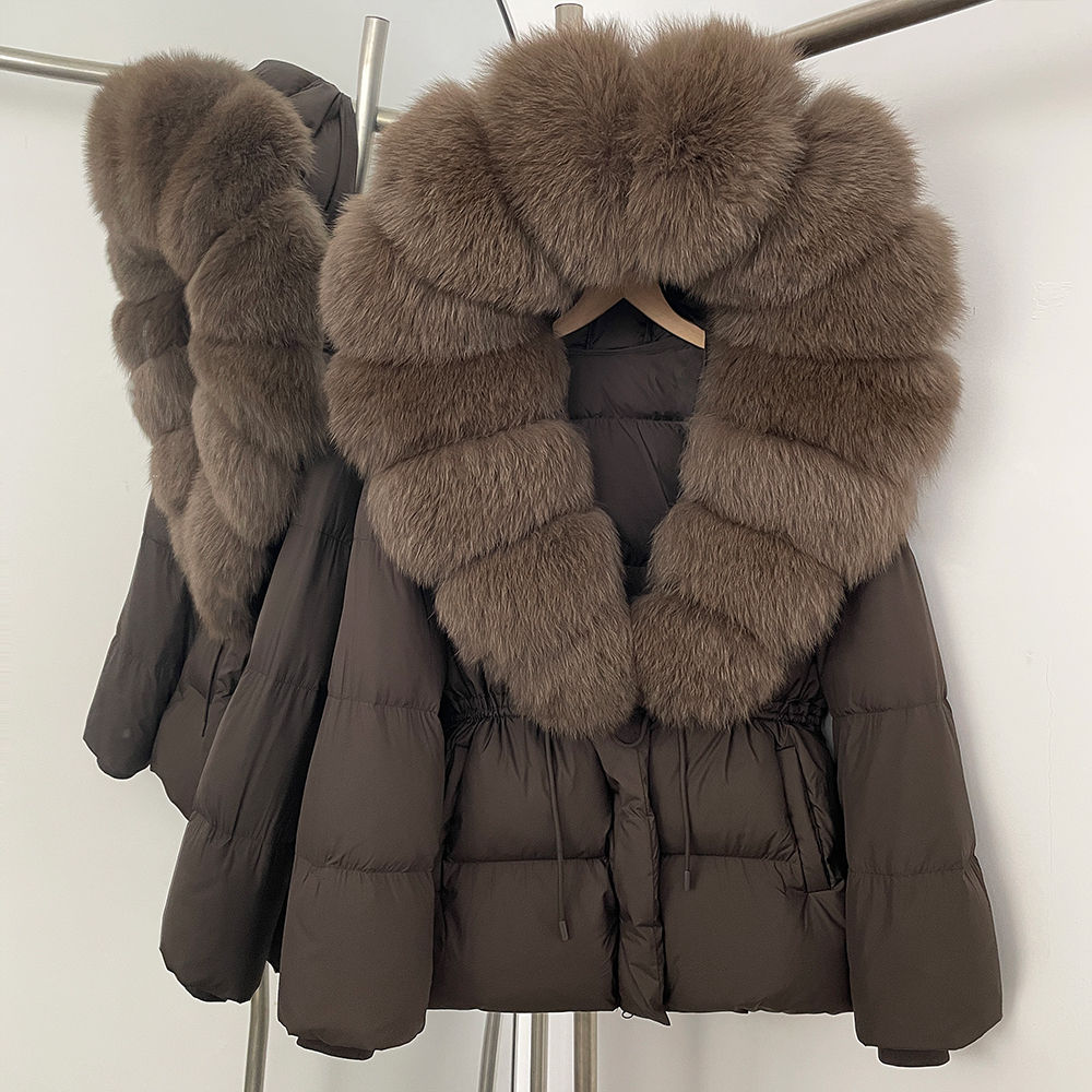 Reality Fur Jacket Real Fur Collar Duck Down Coat Female Winter Hooded Warm Fox