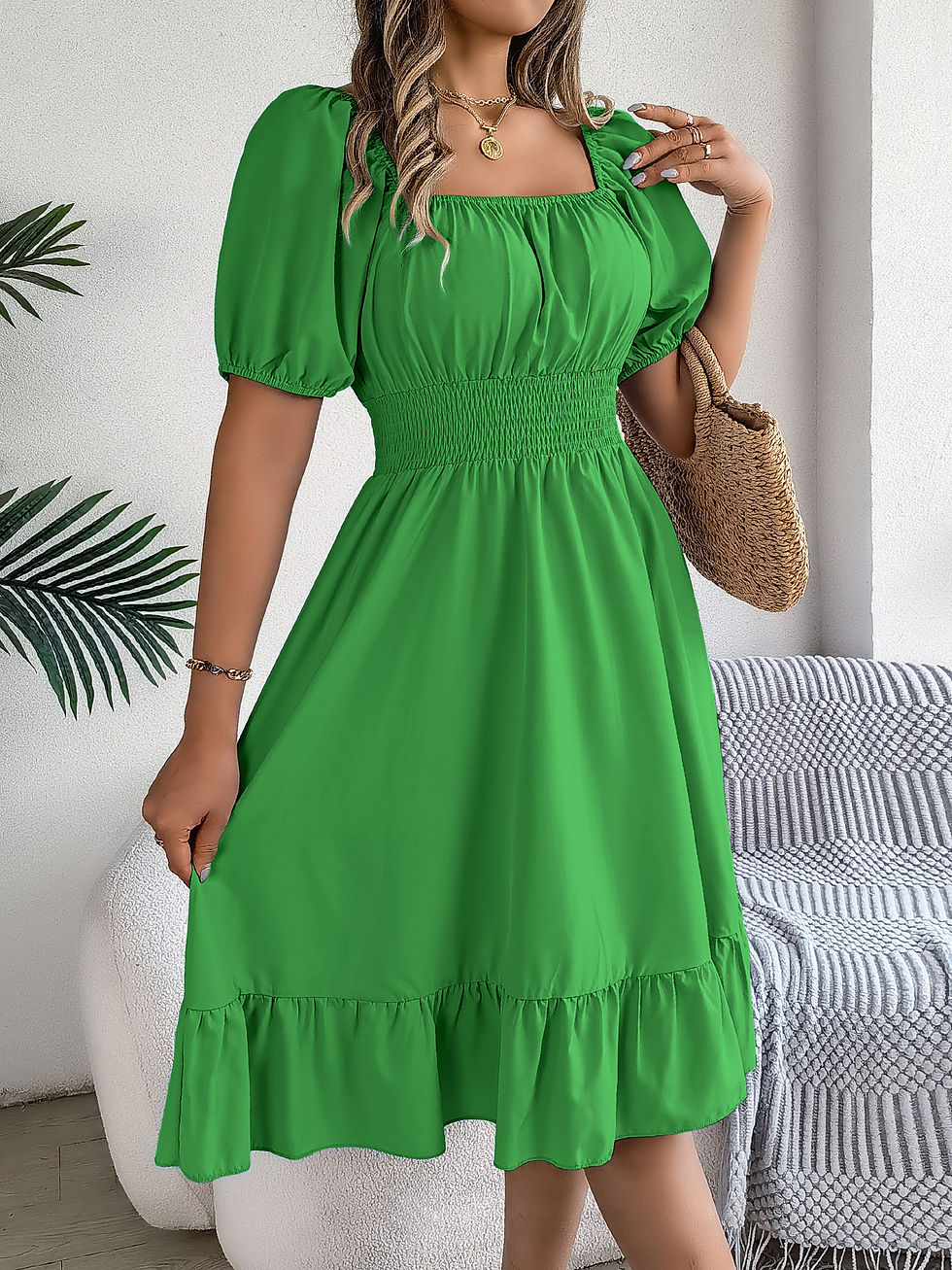 Thumbnail: Spring Summer Elegant High Waisted Dress Square Neck Short Sleeved Ruffled Edge 