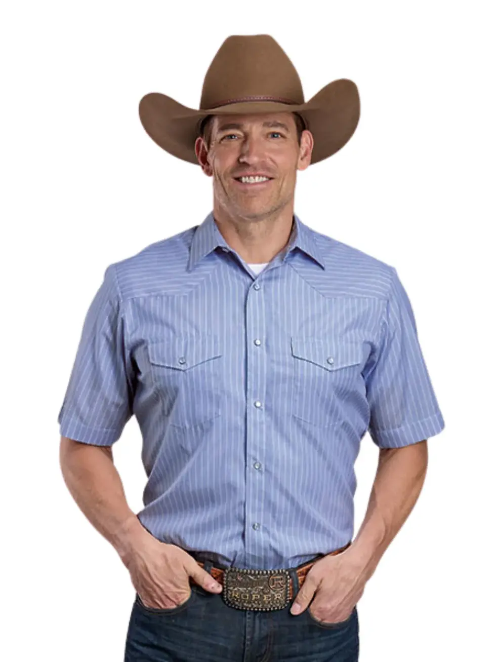 Thumbnail: Roper Men's Short Sleeve Blue Stripe Snap Shirt