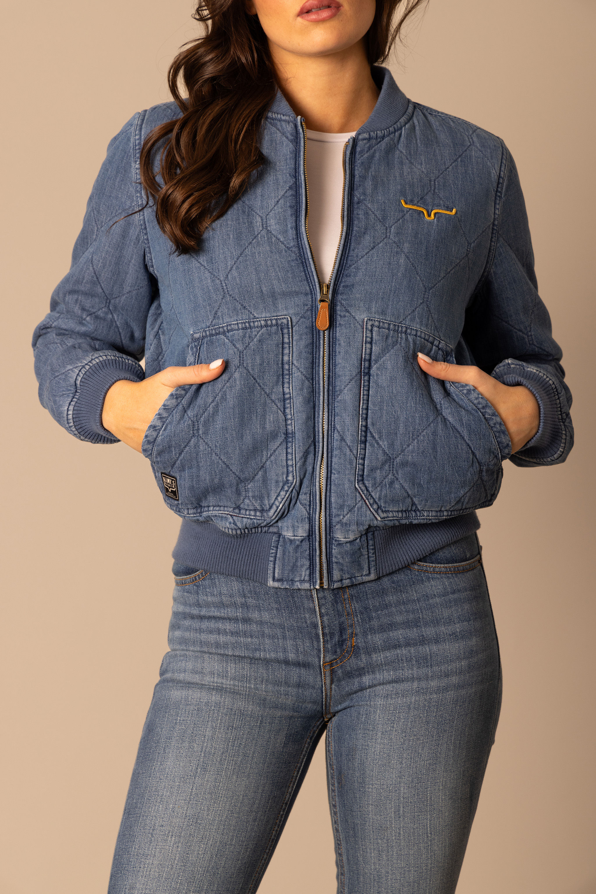 Kimes Ladies Denim Light Wash Indigo Bomber Jacket