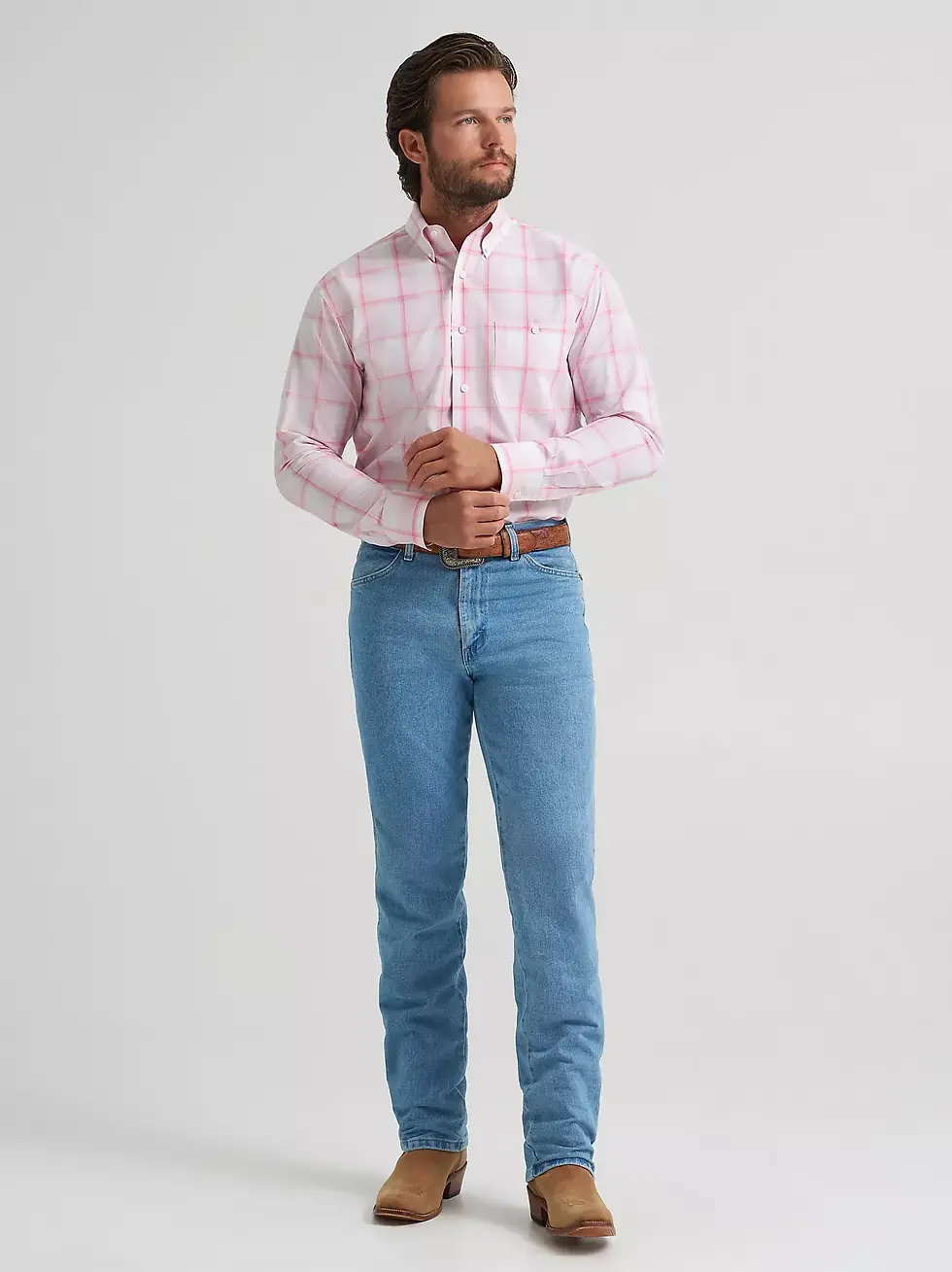 Thumbnail: Wrangler Men's Bucking Cancer Together Pink Plaid Shirt