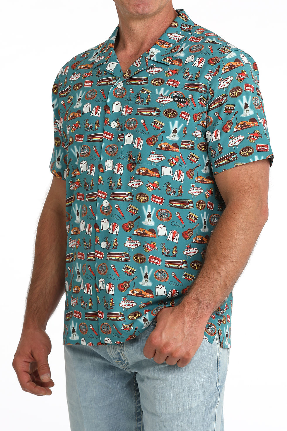 Thumbnail: Cinch Men's Teal Vegas Print Short Sleeve Camp Shirt
