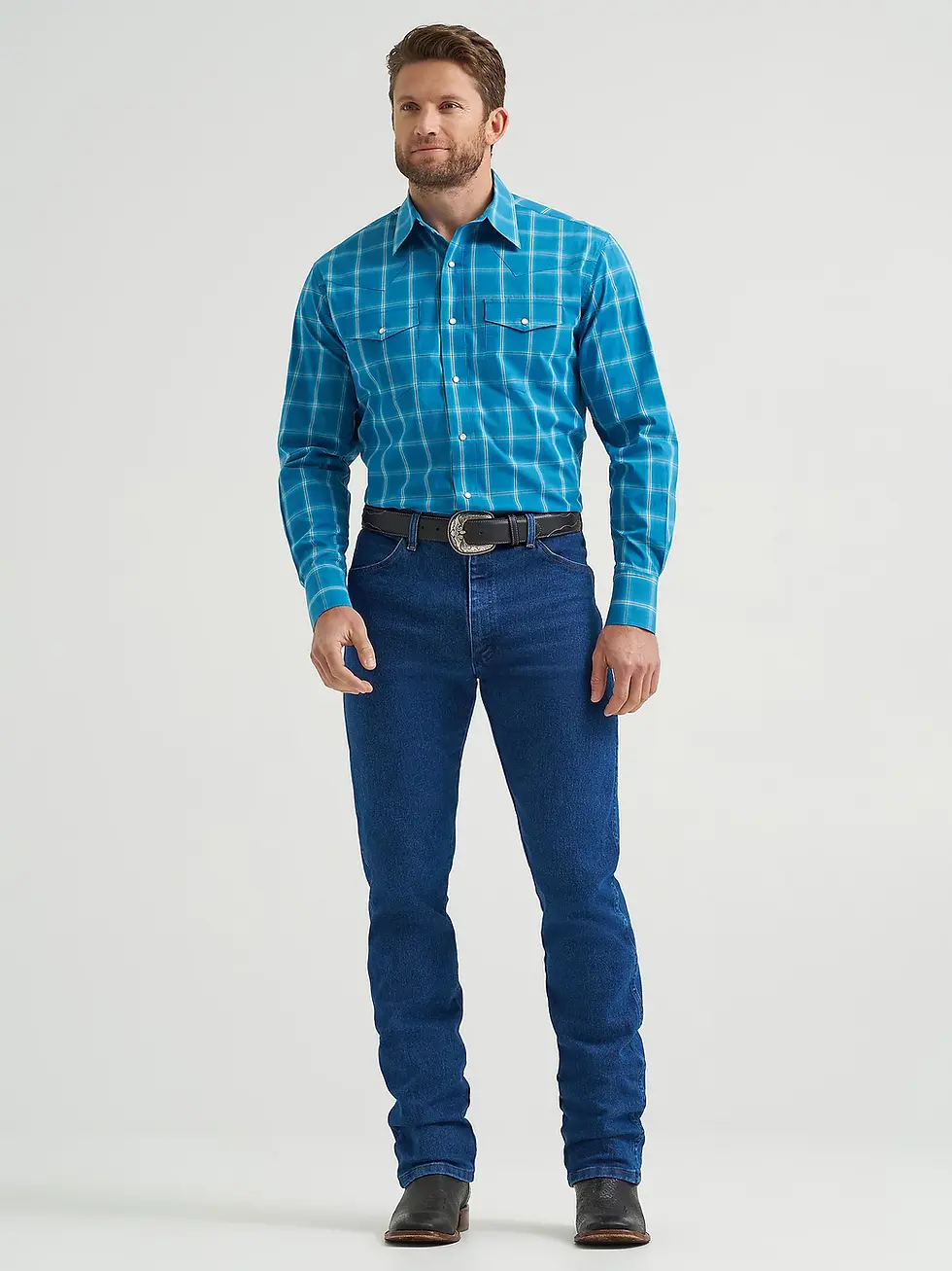 Thumbnail: Wrangler Men's Wrinkle Resist Long Sleeve Turquoise Plaid Snap Shirt