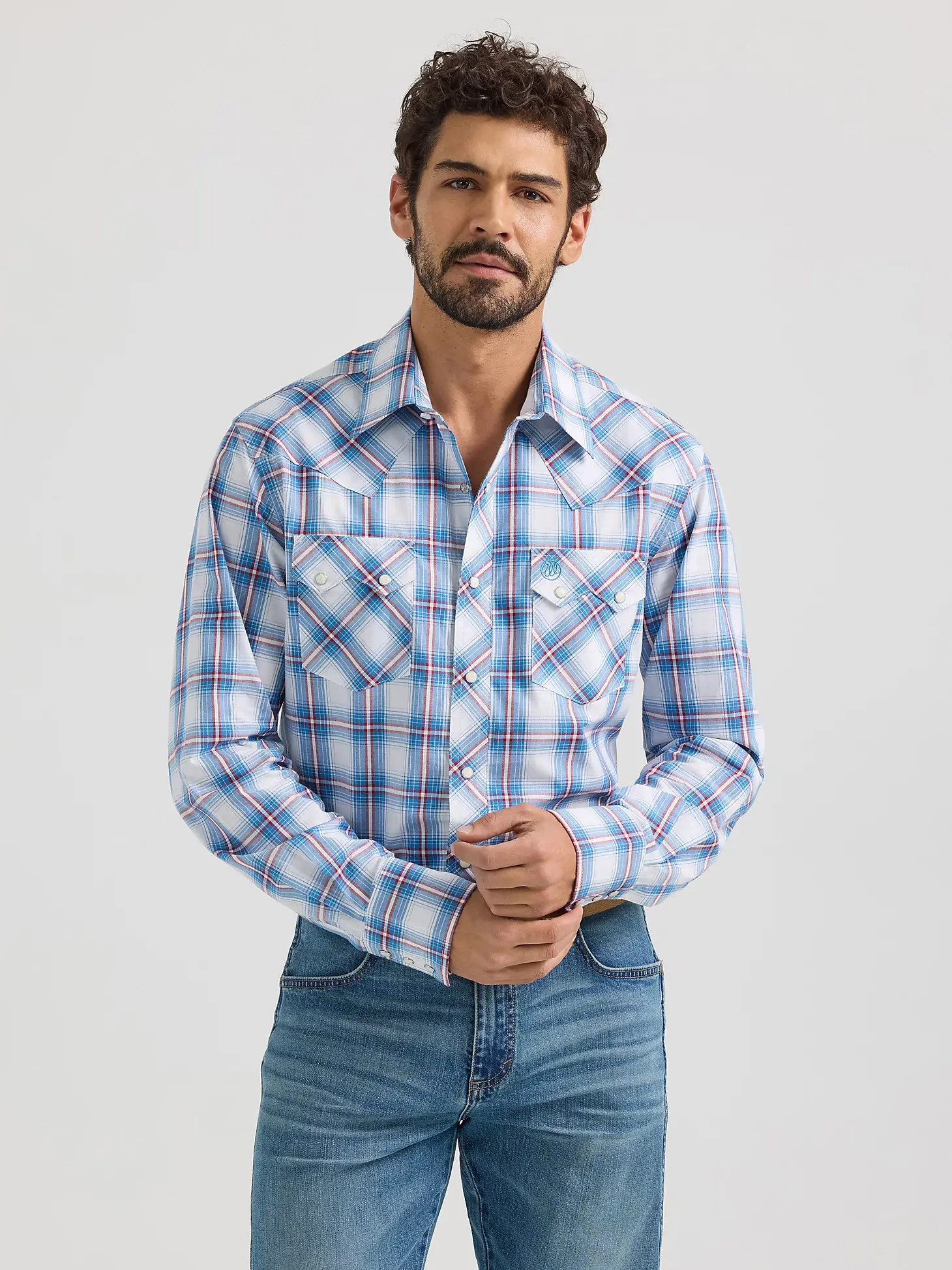 Wrangler Men's Retro Blue Plaid Long Sleeve Snap Western Shirt