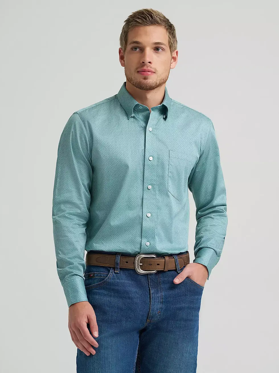 Thumbnail: Wrangler Men's Cody Johnson Green Weave Button Down Western Shirt
