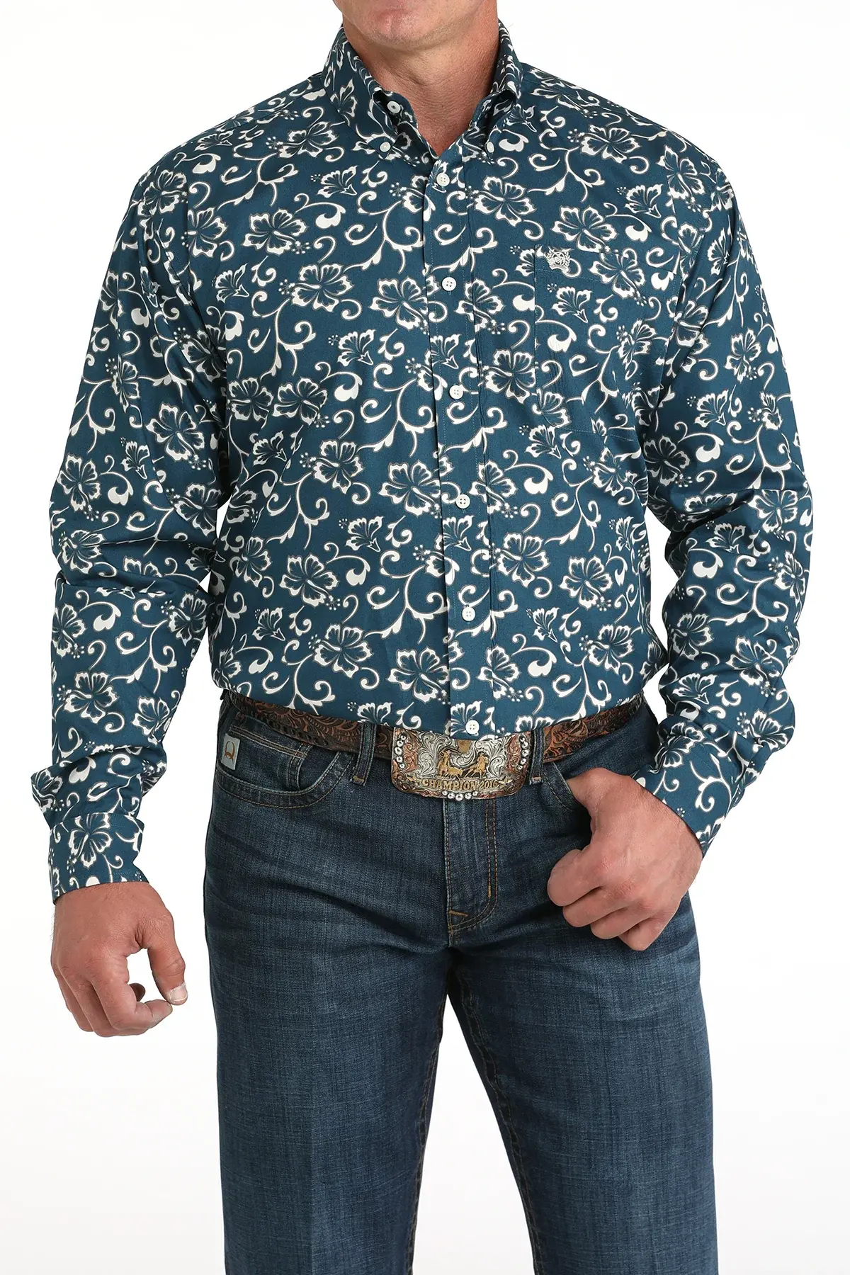 Cinch Men's Teal Floral Print Button Down Shirt