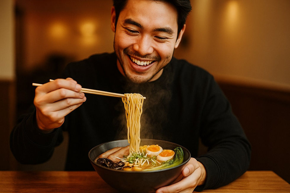 Hombre joven sonriendo mientras disfruta un bol de ramen caliente con palillos en un restaurante asiático moderno.