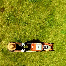 A young man is mowing a lawn with a lawn mower in his beautiful green floral summer garden