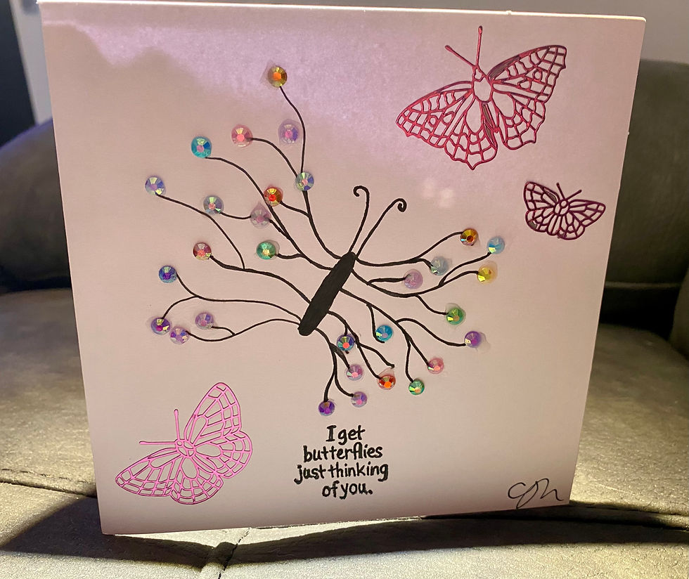 Front of card showing a hand drawn butterfly decorated with sequins