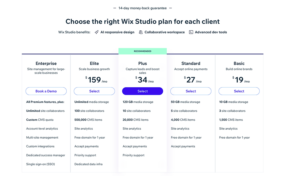 Wix Studio 2025年 美区价格(仅作参考,价格以当下实际支付价格为准)