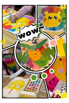 Vibrant cartoon paintings of a tiger and lion, imaginative art by children in our afterschool program.