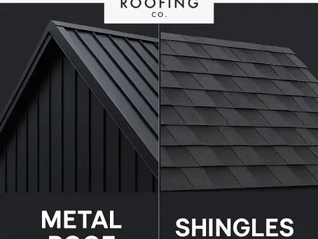 Restoration Roofing Co logo above side-by-side comparison of metal roof vs shingles showing dark metal panels on left and dark asphalt shingles on right.