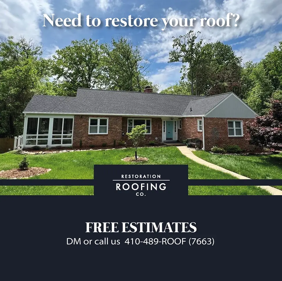 Single-story brick house with new gray shingle roof green lawn trees and Restoration Roofing Co free estimates advertisement text at top and bottom.