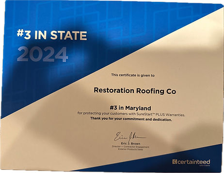 Blue and white certificate awarded to Restoration Roofing Co for being ranked number three in Maryland in 2024 by CertainTeed highlighting excellence in roof replacement Maryland services.