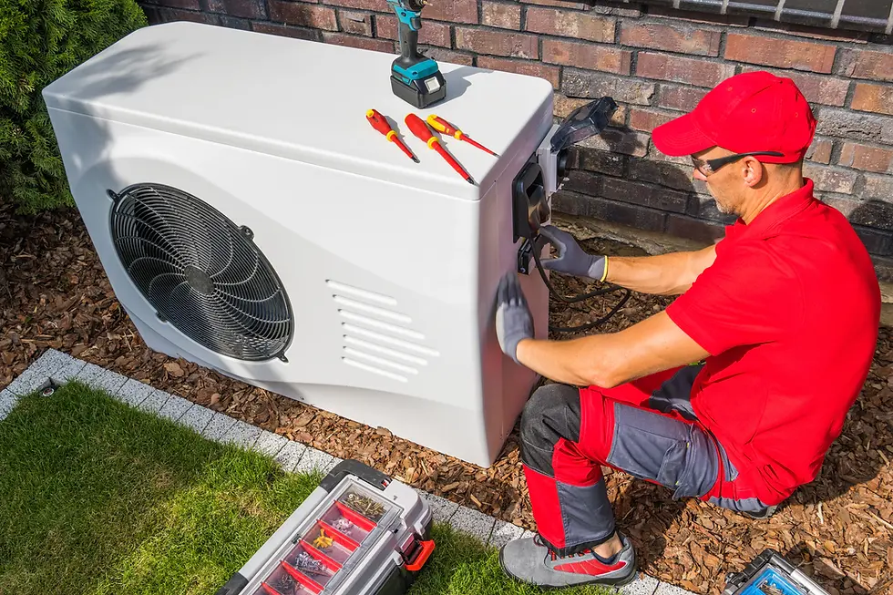Photo HVAC technician performing heat pump repair halifax on outdoor unit beside brick hou