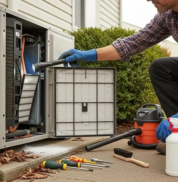 Photo person cleaning outdoor heat pump unit with flashlight vacuum and tools beside house