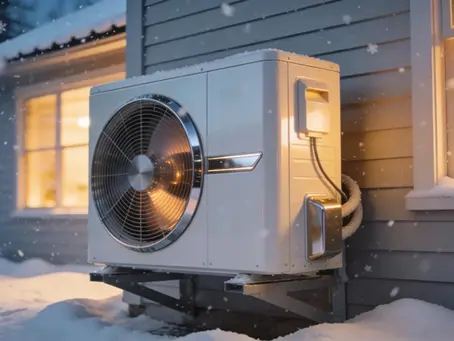Photo outdoor heat pump beside snowy house at night