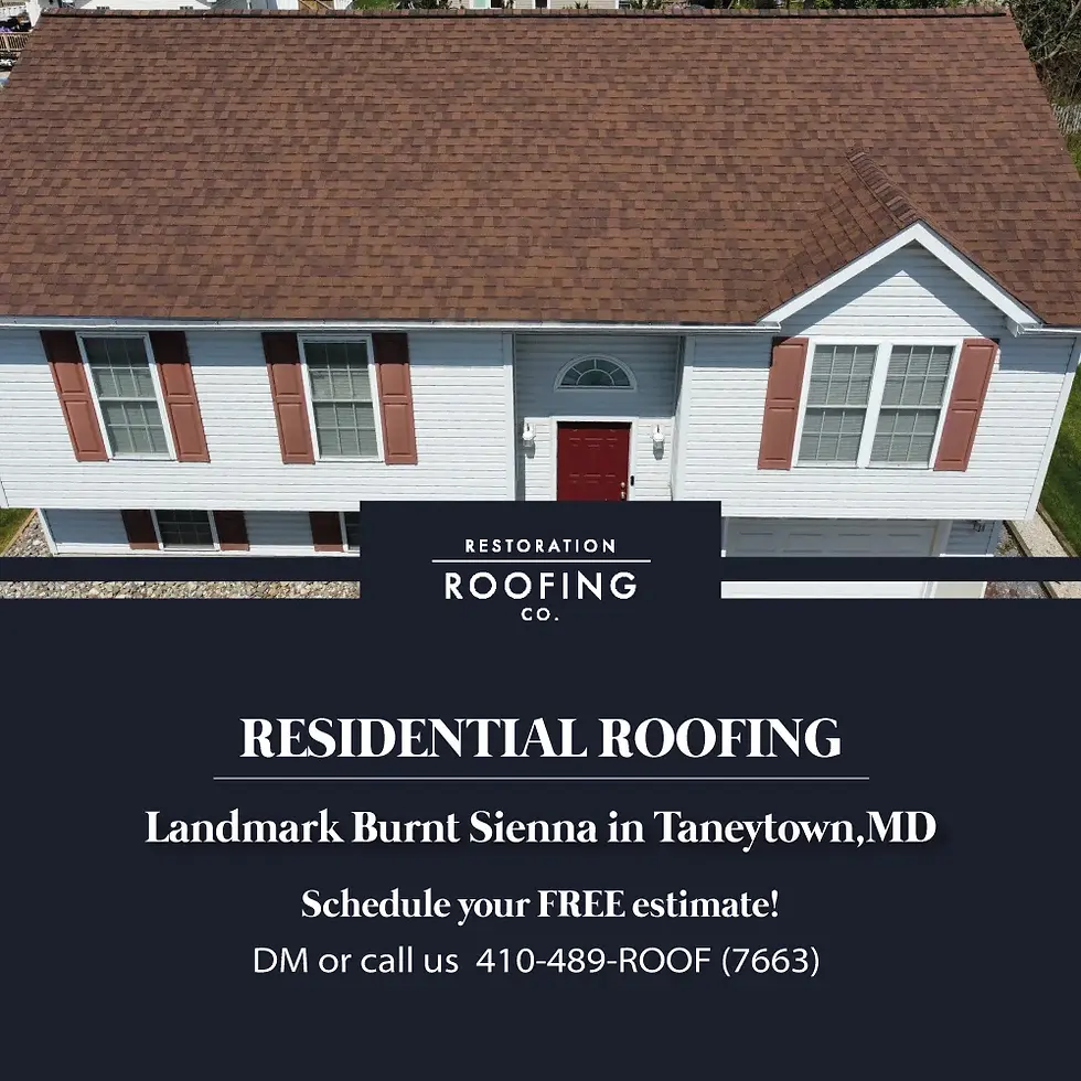 White house with Burnt Sienna shingle roof and red door promoting residential roofing services by Restoration Roofing in Taneytown, MD.
