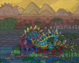 Painting of ancient Egyptian landscape with bejewelled stegosauruses at the edge of the Nile river.