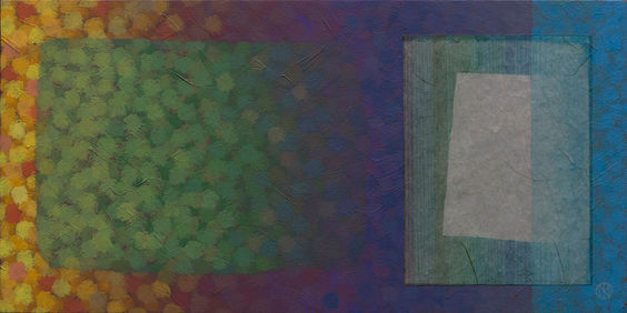 Abstract painting expressing summer heat broken by rain storm. Acrylic and watercolour.