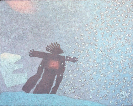 small acrylic painting of mysterious figure in a snow storm
