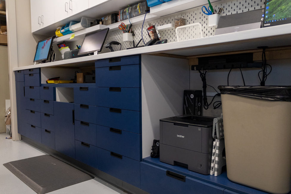 Modern pharmacy with custom drawers.
