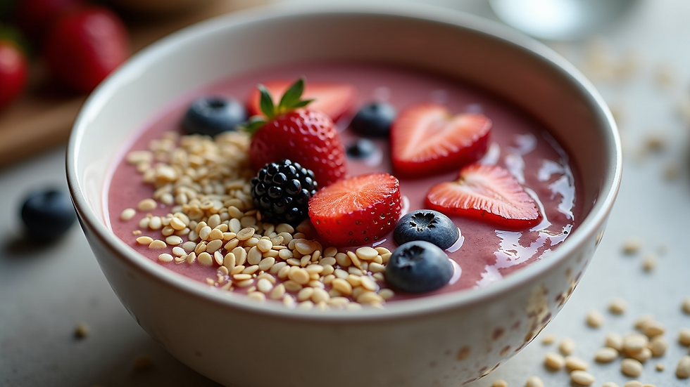 Eye-level view of a smoothie bowl topped with fresh fruit and seeds