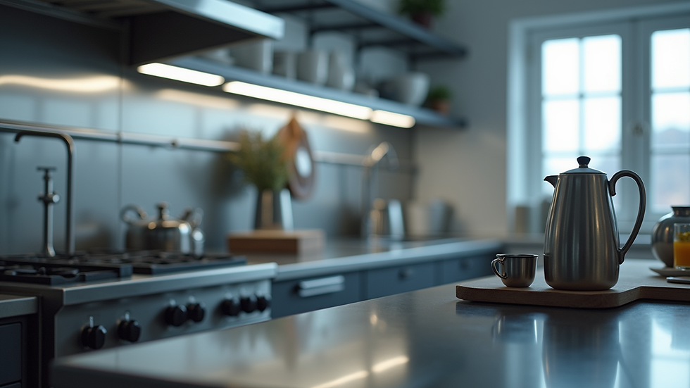 Close-up view of stainless steel kitchen appliances and fixtures