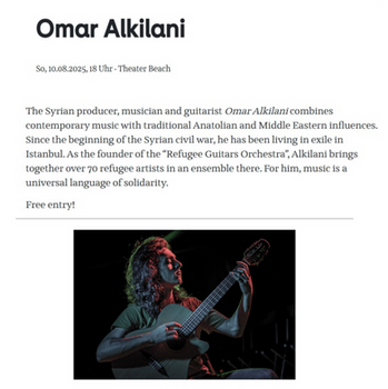 Omar Alkilani
So, 10.08.2025, 18 Uhr · Theater Beach