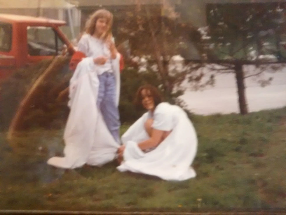 A young me with my older sister, Rebecca.
We used to tie the corners of sheets around our wrists and ankles, and let storms threaten to blow us away. That ended when I actually got blown away...