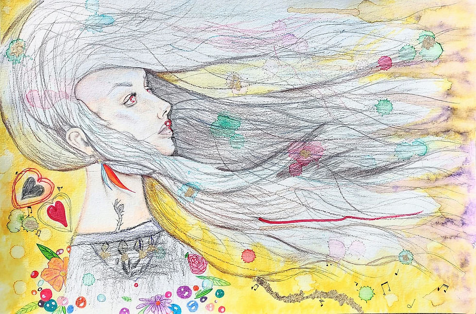 An art collaboration I did with my morning Arts & Humanities class. I drew the girl, and the students added to it. I then colored the piece, and everyone signed the back.