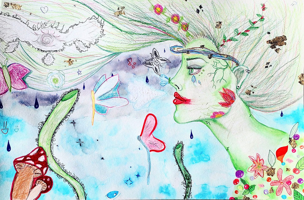 An art collaboration I did with my afternoon Arts & Humanities class. I drew the girl, and the students added to it. I then colored the piece, and everyone signed the back.
