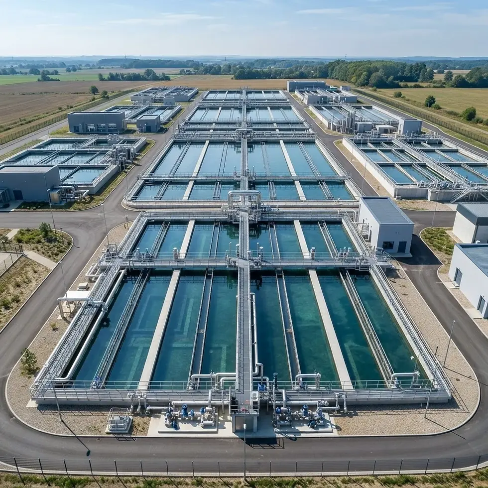 Aerial photography of a large water treatment facility with multiple rectangular purifying basins. The vast industrial complex is viewed from above.