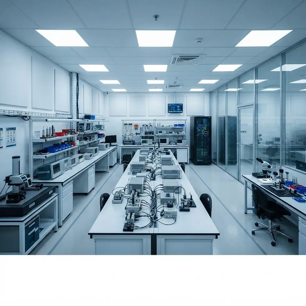 Studio photography of a modern laboratory setup. The sterile, well-lit room is filled with electronic equipment and workstations for research.
