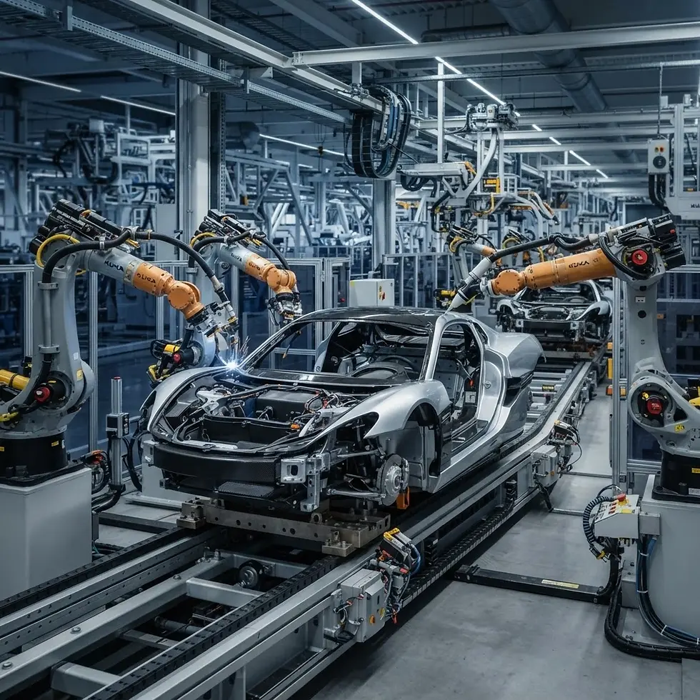 Industrial photography of a futuristic car assembly line where robotic arms meticulously work on a car chassis. The scene is advanced and highly automated.
