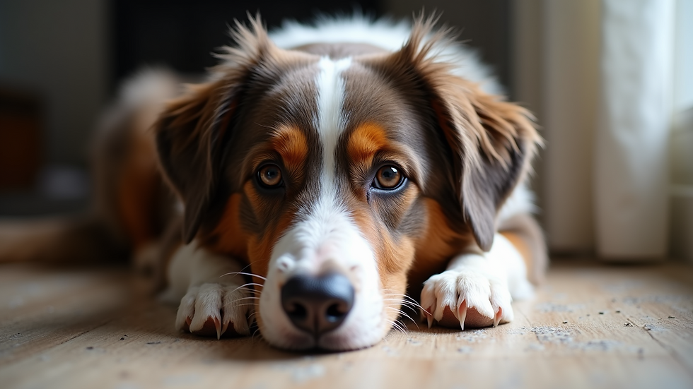 Eye-level view of an Australian Shepherd resting indoors