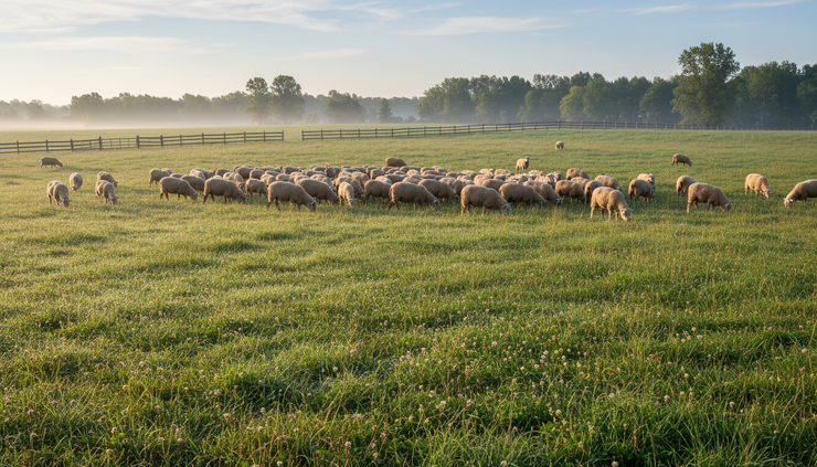 Wide-angle view of sheep grazing across a green pasture with mixed grasses.