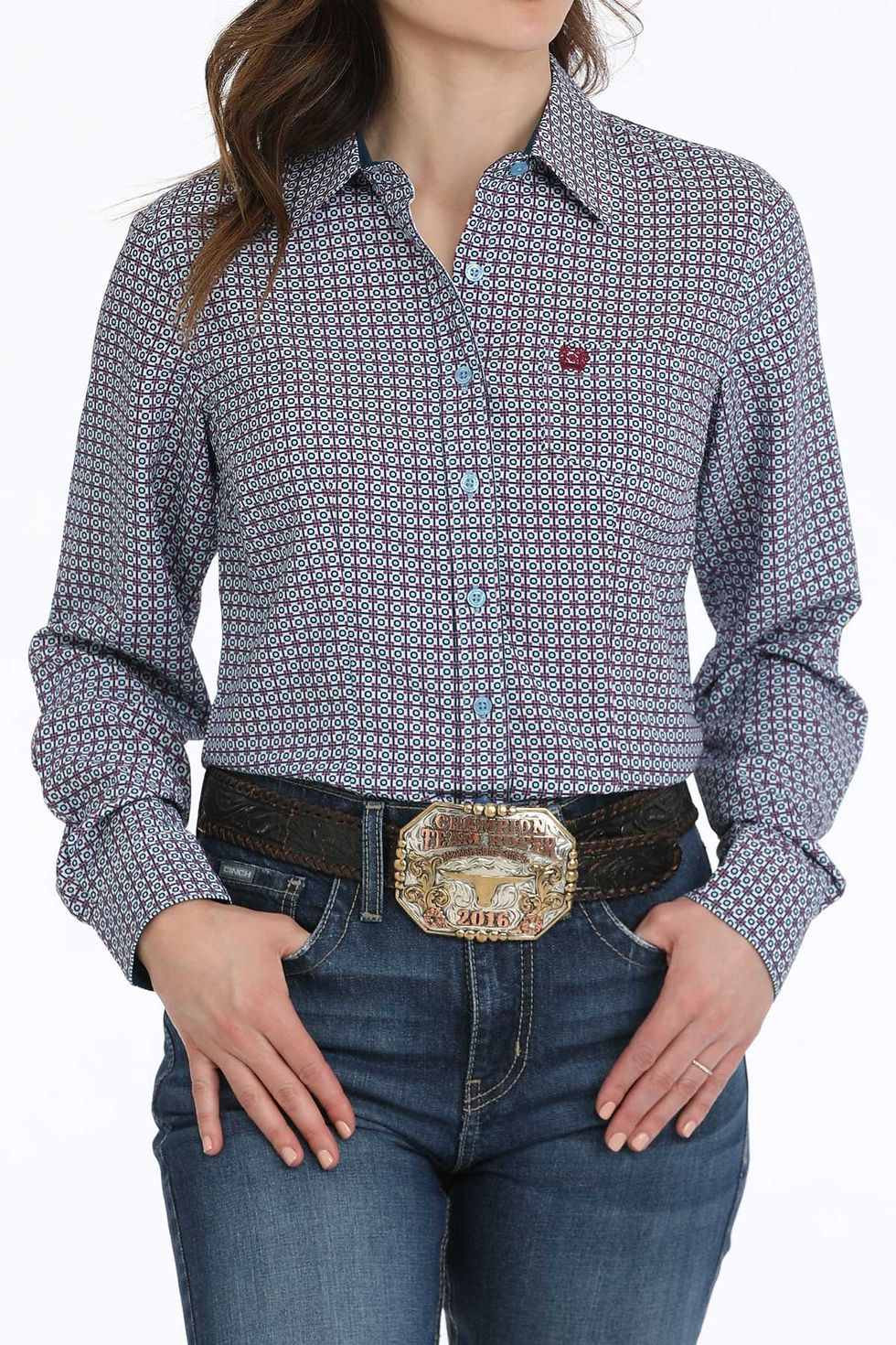 Women's Geometric Print Button-Down Western Shirt - Multi