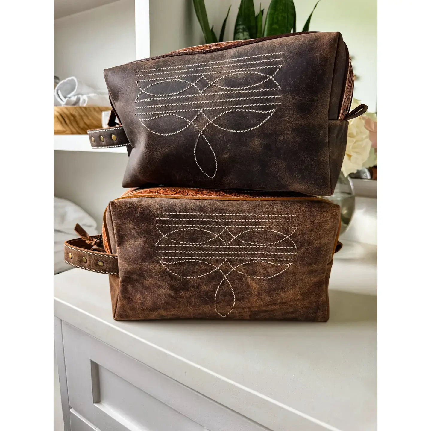 Boot Stitch Handtooled  Leather Toiletry Makeup Shaving Bag