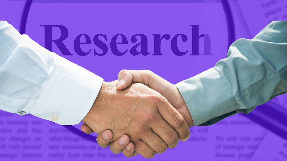 Two hands shaking against a purple background with the word "Research." The setting conveys professionalism and collaboration.